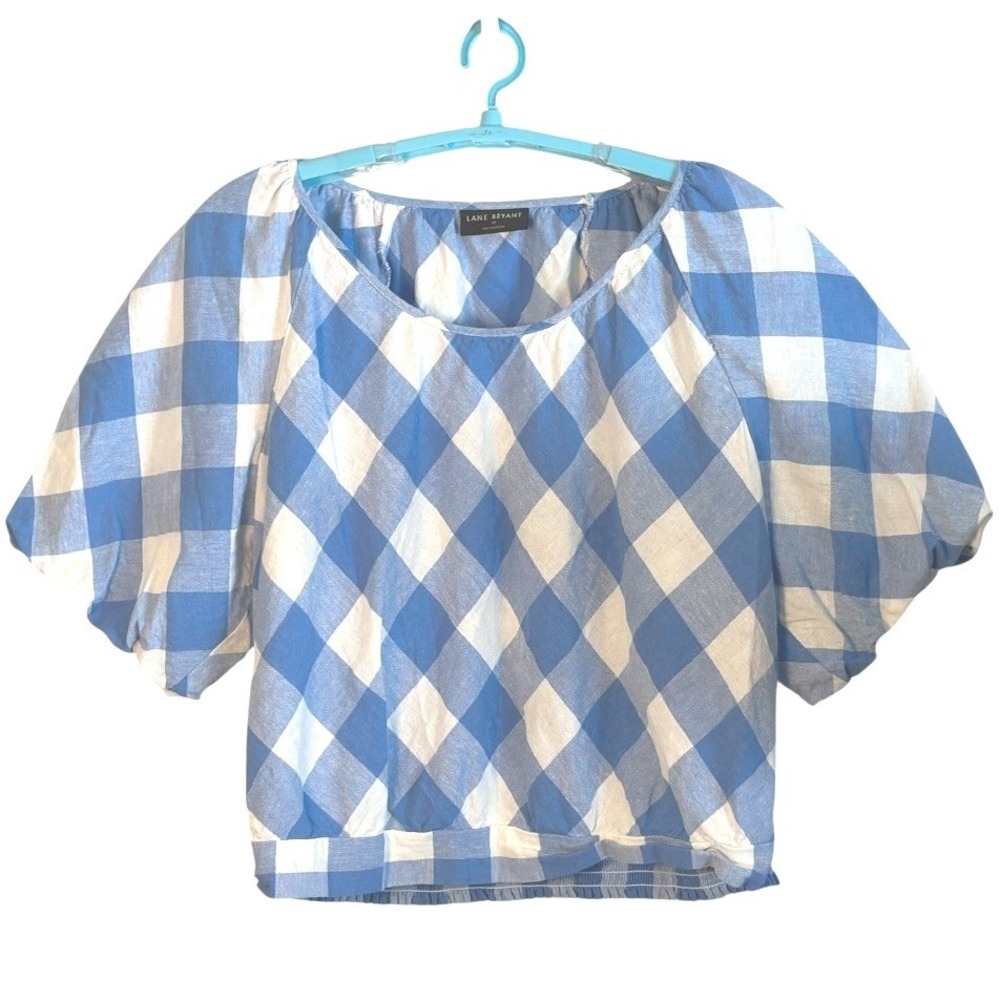 Lane Bryant Top Blue White Gingham Linen Puff Sleeve Cottagecore‎ Plus SZ 24